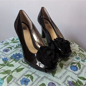 Black Patent Leather Rose Peep Toe High Heel Pumps Size 8